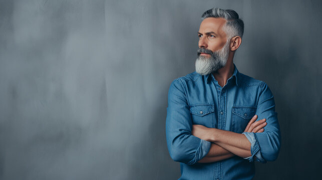 Homem mais velho de barba vestindo uma camisa azul de braços cruzados isolado no fundo cinza