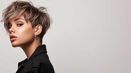 a woman with short hair wearing earrings