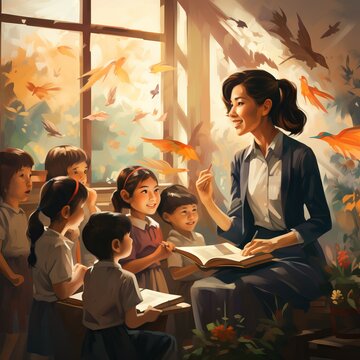 illustration of a teacher reading a book to young children in a classroom filled with light and flying leaves. Concept: the joys of learning and raising children in school or kindergarten