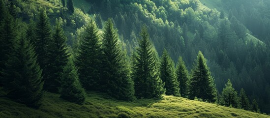A beautiful natural landscape with a lush green forest, including plant species like larch trees, covers the grassy hillside in the mountains. - obrazy, fototapety, plakaty
