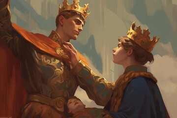 The cartoon king passes the crown to his son the prince. Cute illustration symbol of giving up power at will. - obrazy, fototapety, plakaty