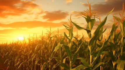 Spectacular sunset over a cornfield in precisionist style.