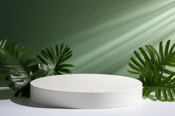 Minimal scene with white podium and tropical leaves.