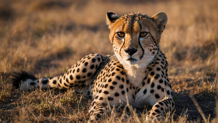 A close-up of a cheetah resting on the ground with its front paws extended, gazing at the camera.