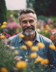 Naklejka na ściany i meble Portrait of a smiling gardener in a flower garden. 