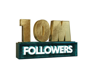 Golden 10m or ten Million banner isolated on transparent, realistic 3d gold illustration Graphic font, shiny text for Social Network friends, followers.