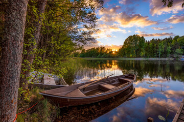 Nice Swedish lake with boats and sunset
