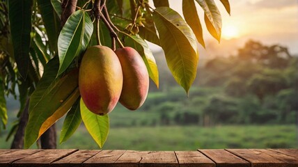 Mango fruit hanging on a tree with a rustic wooden table and a sunset view
