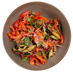 Portion of chinese beef salad with vegetables top view