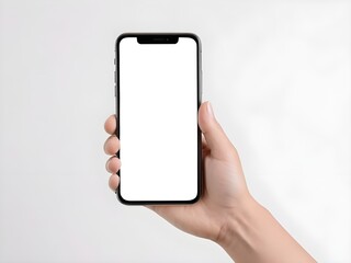 photo closeup hand holding blank white screen smartphone.