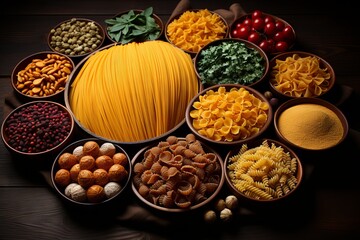 Pasta with ingredients for preparing an Italian dish. Concept: food made from durum flour, high-quality raw materials for cooking