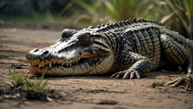 A close-up of a crocodile lying on the ground with its front legs positioned, observing the camera.
