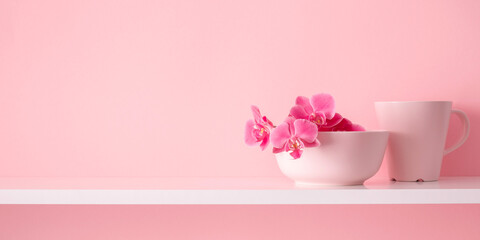 Pink orchid on white shelf and on background of pink wall. Greeting card for Mother's Day, Easter, Happy Woman's Day, Wedding, Birthday, Valentine's Day - obrazy, fototapety, plakaty