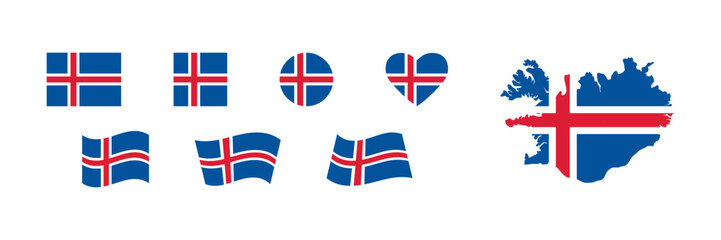 Iceland set map and flag. Isolated icon of collection of national symbols. Vector illustration