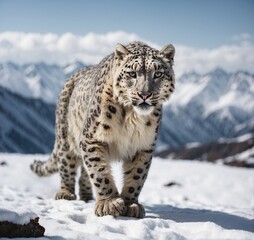Fototapeta premium Snow leopard in the snow in winter. Beautiful coloring with dark spots.