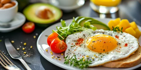 Poster close shoot of a gourmet brunch with avocado ham sunny-side up egg tomato chili seasoning on healthy seed bread avocado fruit © Erzsbet