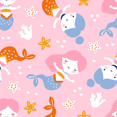 Seamless children's pattern with cute little mermaids
