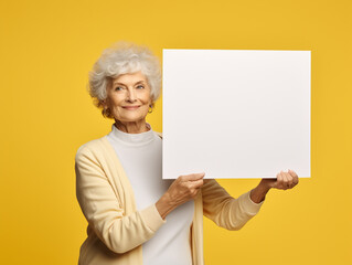 Senior woman holding a white blank poster in her hands
