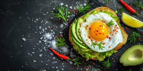 Foto op Canvas close shoot of a gourmet brunch with avocado ham sunny-side up egg tomato chili seasoning on healthy seed bread avocado toast black plate dinamic © Erzsbet