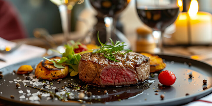 Close photo of a medium rare english steak in an expensive restaurant seasalt black plate red wine rosemary
