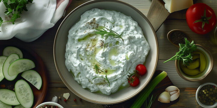 A Bowl of tzatziki from above with seasoning and cucumber at greece