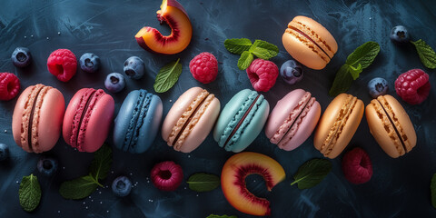 Different taste of macaroon on an elegant marble background with cocoa powder mint leaves...