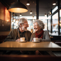 Fototapeta na wymiar Happy elderly couple laughing at a table in a cafe