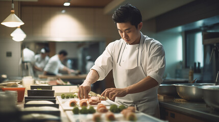 A male chef at a traditional Japanese restaurant prepares sushi and fresh fish food.