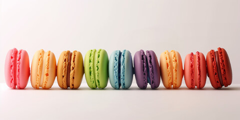 Different taste of macaroon colorful classic form on white background from above chocolate lemon pistachio caramel rashberry blueberry 
