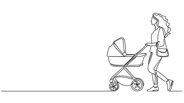 animated continuous single line drawing of woman with baby stroller, line art animation