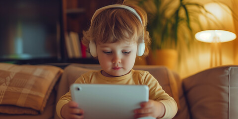 Little kid around 2 or 3 years old using tablet with headphones spend his screentime with game on cartoon watching