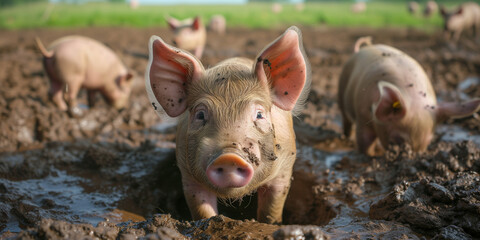 young pigs enjoy the mud at the farm