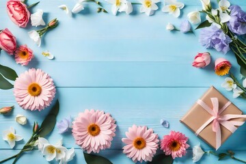 Beautiful spring flowers on light blue wooden background