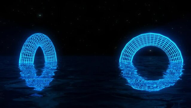 Futuristic background in cyberpunk style with ocean and neon torus in low poly style, concept for keyword, logo, advertising. Podium or stage in a seascape. Water waves with bright neon rays light