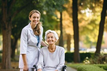 Senior woman in wheelchair with female nurse