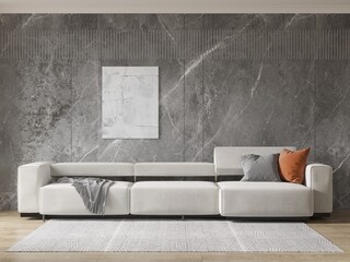 Mock up of a modern living room with a stylish comfortable sofa and a fashionable interesting background, 3D rendering.