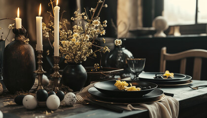 Beautiful dark colors table decoration with lace tablecloth and napkins, fresh spring flowers, silver Cutlery, wine glasses candles and black porcelain plates additionally decorated with easter eggs.
