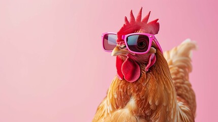 
Creative animal concept. Chicken hen in sunglass shade glasses isolated on solid pastel background