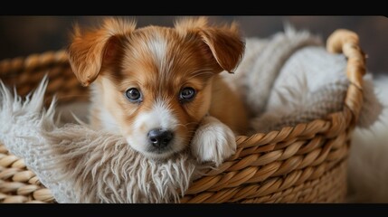 cute puppy in a basket with fur