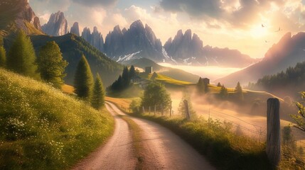 
Empty country road on Venegia valley, high altitude Dolomite valley natural park with jagged peaks, rolling meadows, pastures and streams. - obrazy, fototapety, plakaty