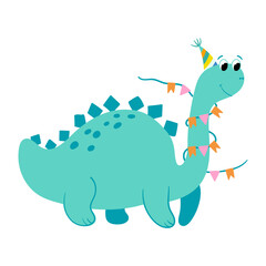 Cartoon Dinosaur Celebrating Birthday With Party Hat and colorful flags on White Background