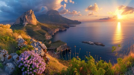  Fantastic sunrise of Zafferano cape. Incredible spring seascape of Mediterranean sea, Sicily, Italy, Europe.