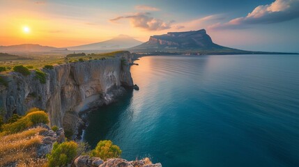 
Fantastic sunrise of Zafferano cape. Incredible spring seascape of Mediterranean sea, Sicily,...