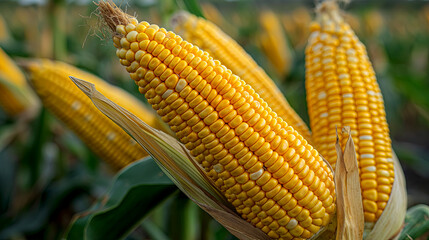 Close-up corn cobs in corn plantation field.