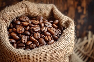 Coffee beans in a burlap bag on a wooden background. Coffee beans in sack