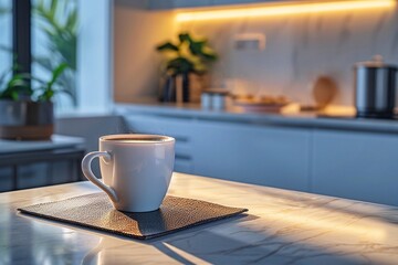 Cup of coffee on the table in the kitchen at home.