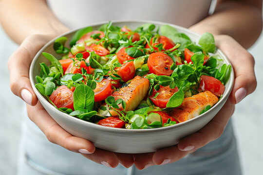 Fresh colorful spring vegetable salad with cherry tomatoes and herbs in female hands. Healthy organic vegan lunch or snack close-up.