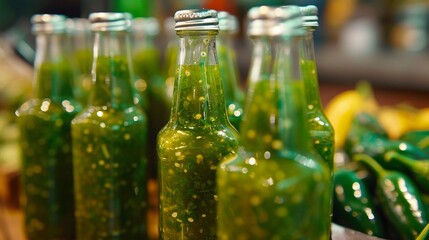
Glass bottles of manual magnificent green chilli sauce
