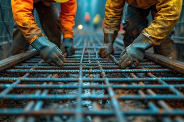 An realistic photography, construction two workers using tmt steel bar with ease at the construction site