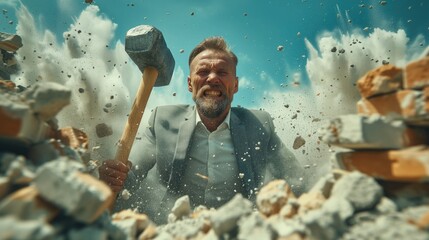 An imaginative scene of a person breaking through a brick wall with a sledgehammer, symbolizing perseverance, determination, and the ability to overcome obstacles in business and entrepreneurship